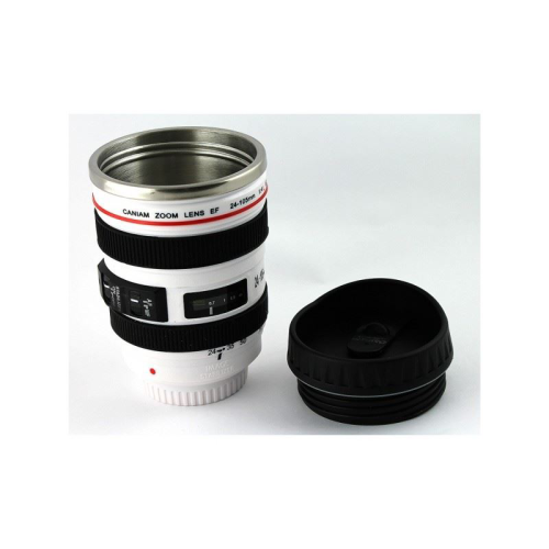 Изображение Термостакан в виде объектива Canon KD-M12, с поилкой. Цвет черный с белым
