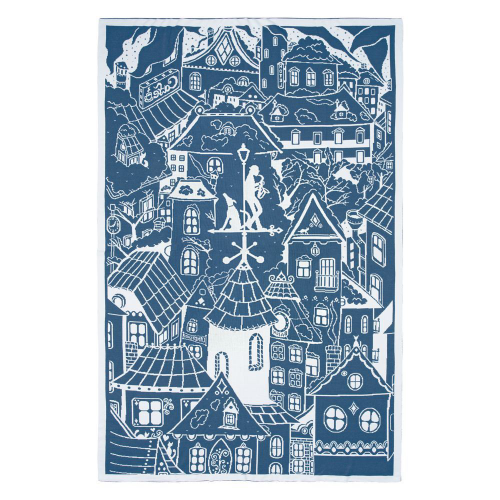 Изображение Плед двухсторонний Город, синий (индиго) с белым
