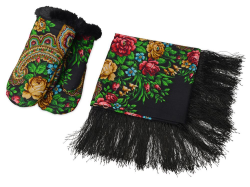 Подарочный набор: Павлопосадский платок, рукавицы, черный