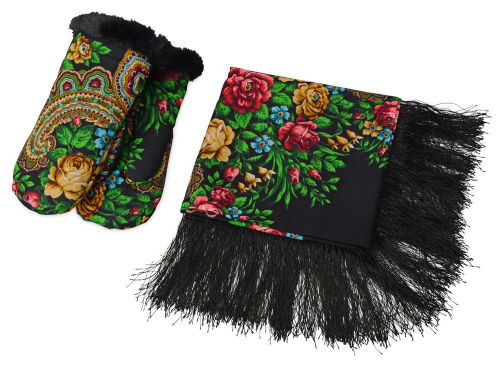 Изображение Подарочный набор: Павлопосадский платок, рукавицы, черный