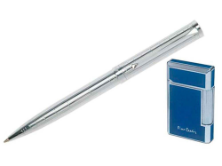 Набор: ручка шариковая серебристая, зажигалка синяя