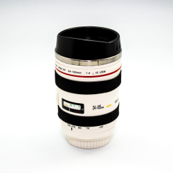 Термостакан в виде объектива Canon KD-M12, с поилкой. Цвет черный с белым