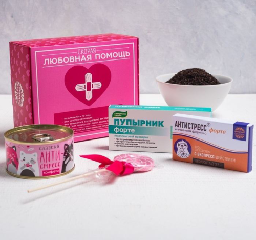 Изображение Сладкая аптечка «Любовная помощь»: леденец 15 г,конфеты 65 г, чай 20 г, шоколад 27 г
