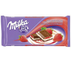 Шоколад молочный MILKA с двухслойной начинкой клубника со сливками, 90г