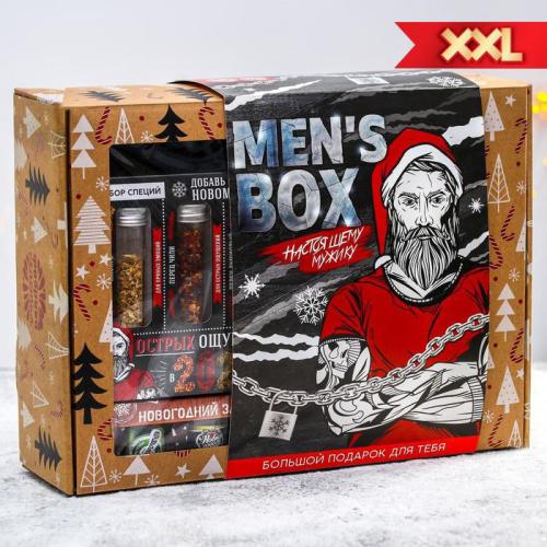 Изображение Гифтбокс большой Men`s box: конфеты, чай, шоколадная монета. термокружка, набор специй, открывалка, мармелад