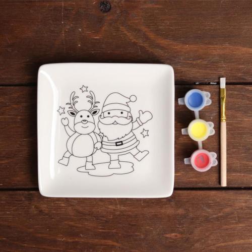 Изображение Набор тарелка под раскраску «Олень и Дед Мороз»
