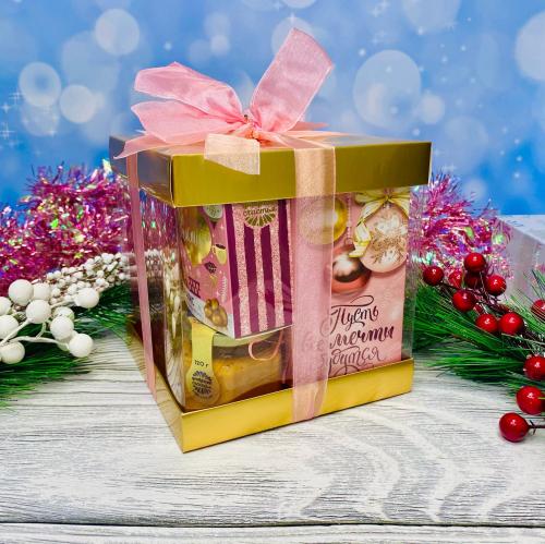 Изображение Подарочный набор Нежность: чай, орехи в глазури, конфеты, крем-мед, шоколад 2 шт