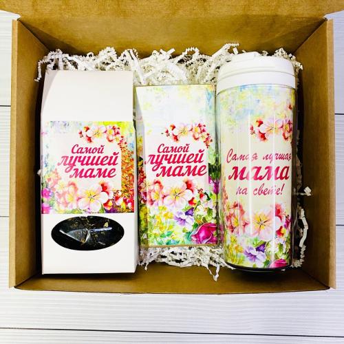 Изображение Подарочный набор Самой лучшей маме, цветы: термостакан, чай, шоколадка