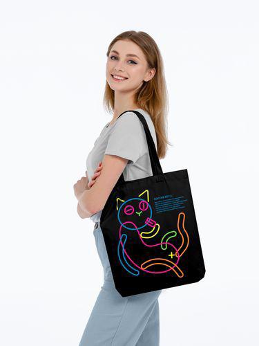 Изображение Холщовая сумка с термонаклейками «Собери кота», черная