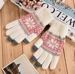 Перчатки Снежинки, белые с розовым